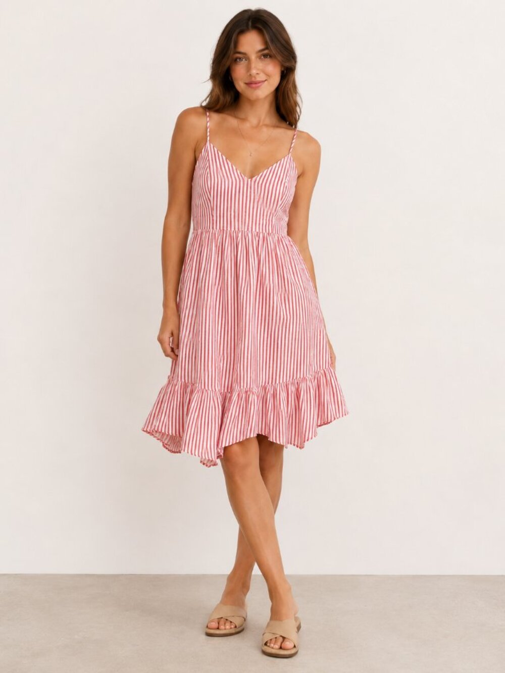 J Crew Gingham V-Neck Zip Back Sundress Pink Ruffle Hem Sz 8